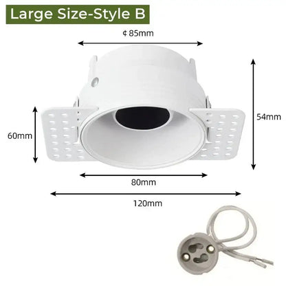 Adjustable white recessed led ceiling downlight with circular matte housing and perforated mounting flanges for living room