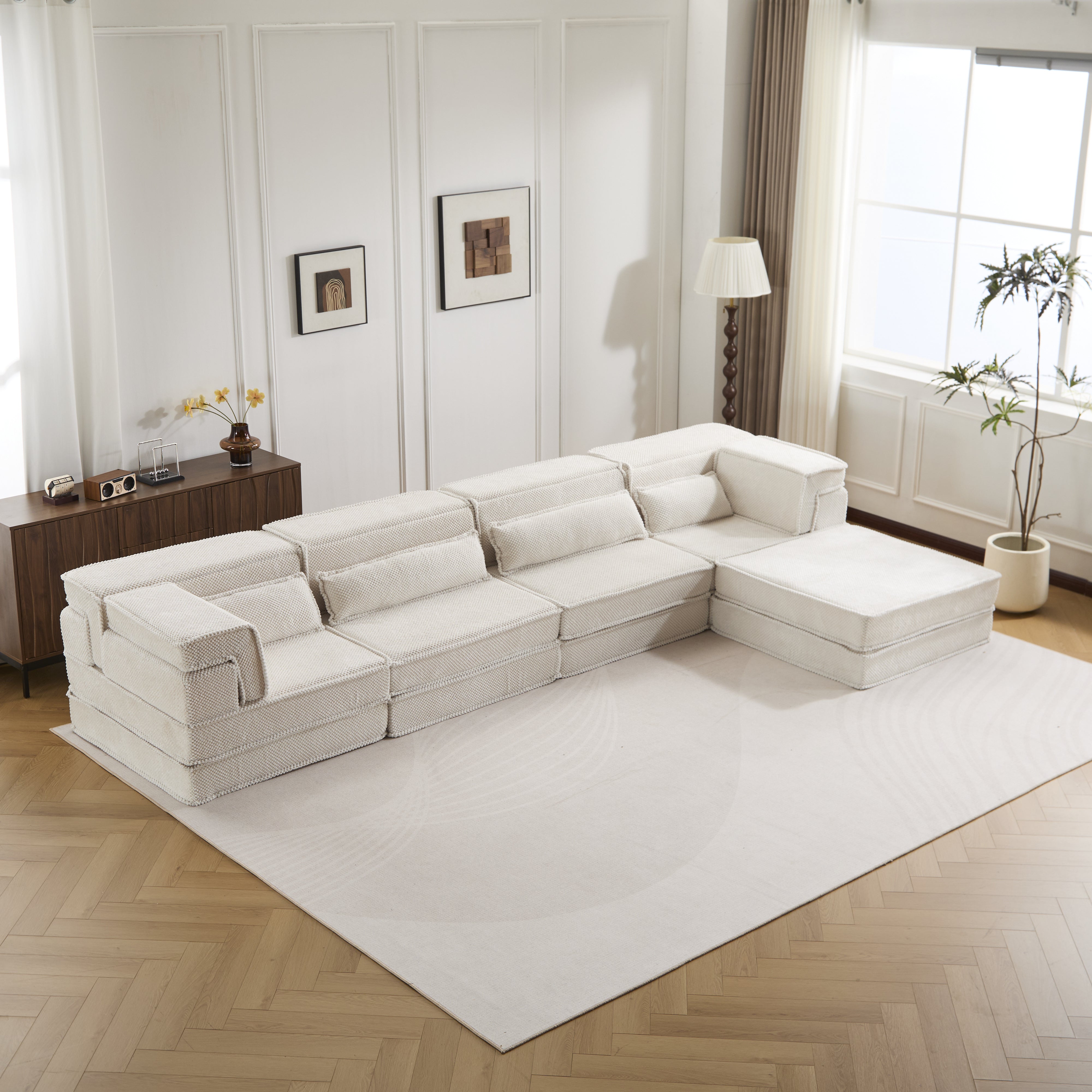 Kompressions-Mahjong-Sofa, umklappbares Boden-Sofabett, DIY knochenloses modulares Sektionssofa, keine Montage erforderlich, Kreisförmiger Fleece-Stoff, Überdimensioniertes 4-Sitzer-Sofa mit 1 Hocker, Weiß