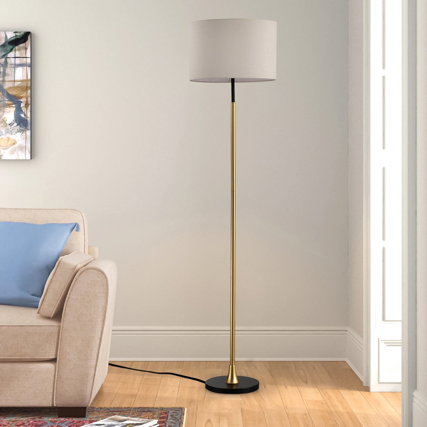 Stehlampe für das Wohnzimmer mit beigefarbenem Lampenschirm, hohe industrielle Stehlampe zum Lesen für das Schlafzimmer, Büro – Glühbirne nicht enthalten – Mattschwarz Mattgold