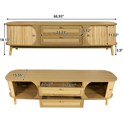 Rattan-Fernsehtisch für Fernseher bis 75 Zoll, modernes Bauernhaus-Medienbüfett, Unterhaltungszentrum mit massiven Holzbeinen, TV-Schrank für das Wohnzimmer, Heimkino