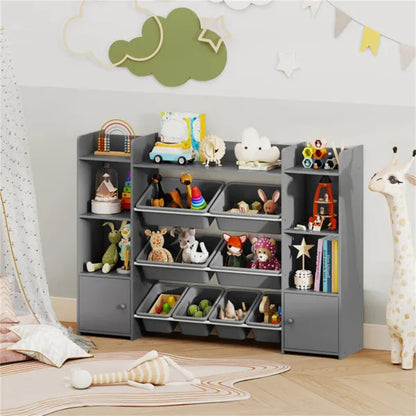 Grauer multifunktionaler Kinderspeicherregal - Spielzeugorganizer + Bücherregal, 142 cm x 30 cm x 99 cm, Umkippsicherung, Tragfähigkeit 120 kg