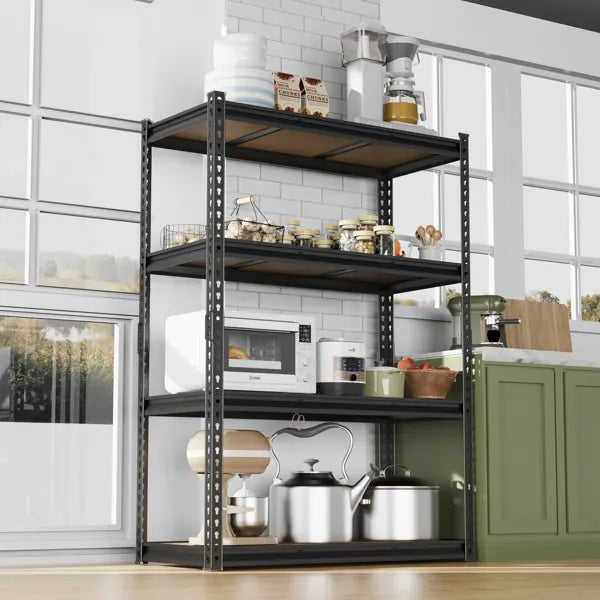 4-stufig einstellbarer Regalbodenabstand, Kürbis-förmige Perforation, Gummihammer mit Handschuhen, Display-Ständer, Eisen, 122*45*153,5 cm, Schwarzes Eisen, Natürlich holzfarbenes MDF