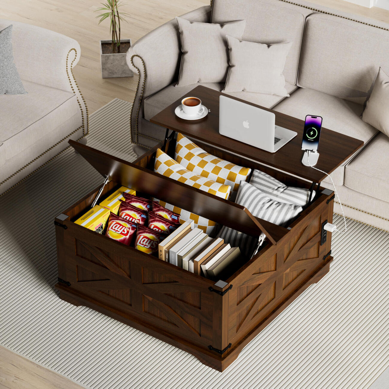 Landhaus-Couchtisch mit Klapptop, USB-Ladestation & verstecktem Stauraum - Robuste Holzbasis, Weiß-Braun-Optionen, Ideal für die Organisation im Wohnzimmer, Couchtisch für das Wohnzimmer, Vielseitig