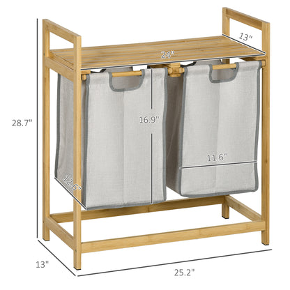 Bambus-Wäschekorb, Doppeltes Wäschegestell mit Regal, 2 herausziehbare und herausnehmbare Taschen, natürliches Holz und Dunkelgrau