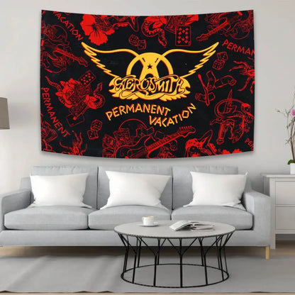 Black and red aerosmith band tapestry with permanent vacation design featuring logo wings guitars dice and roses decorbites decor