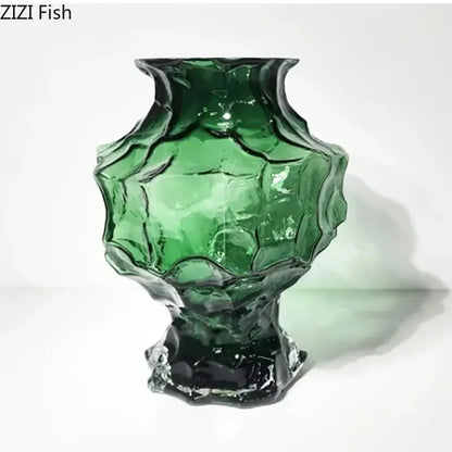 Aesthetic amber decorbites irregular glass vase with deep green textured organic shape and faceted base for bedroom decorbites irregular