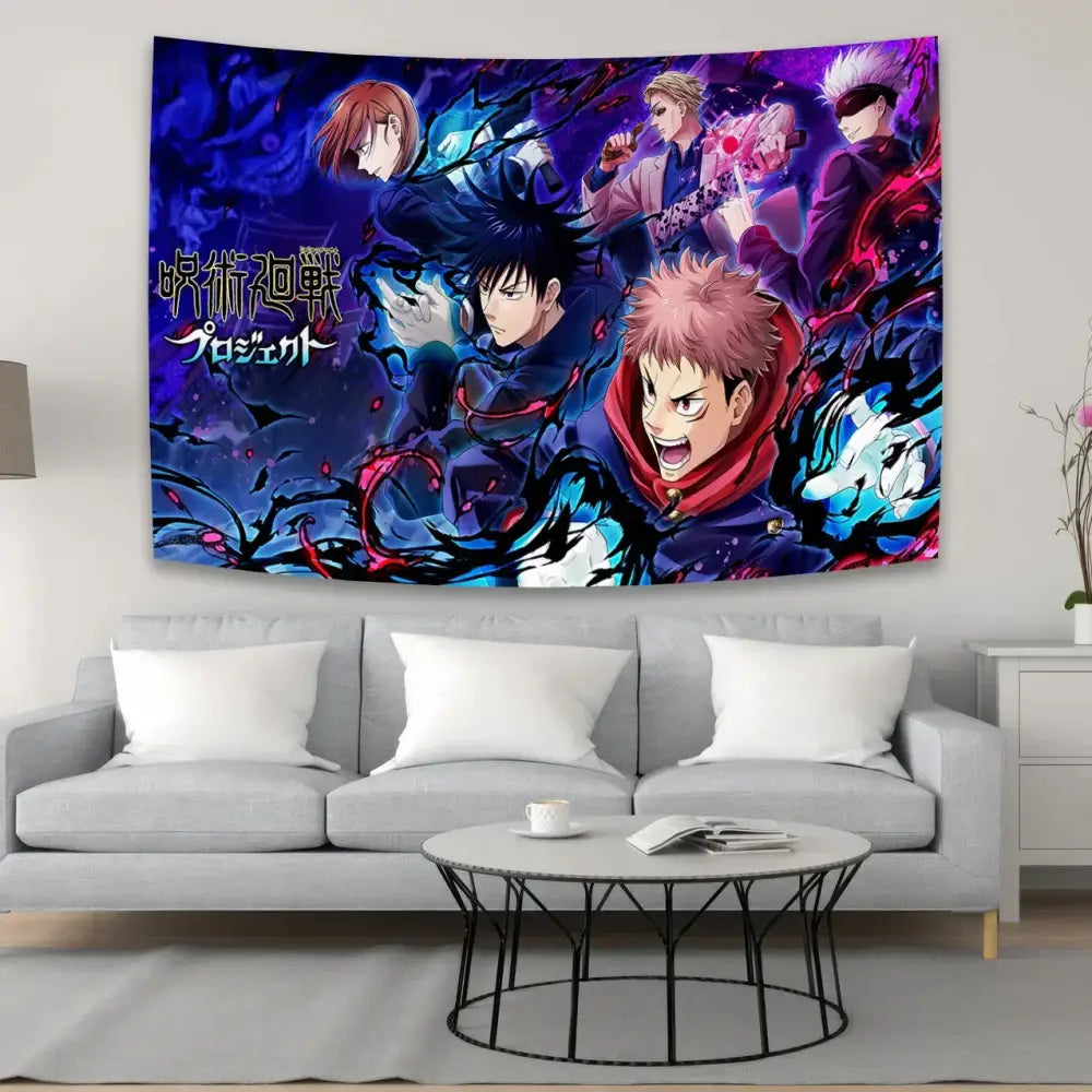 Vibrant purple and blue jujutsu kaisen anime tapestry featuring characters hanging above a gray sofa for bedroom wall art