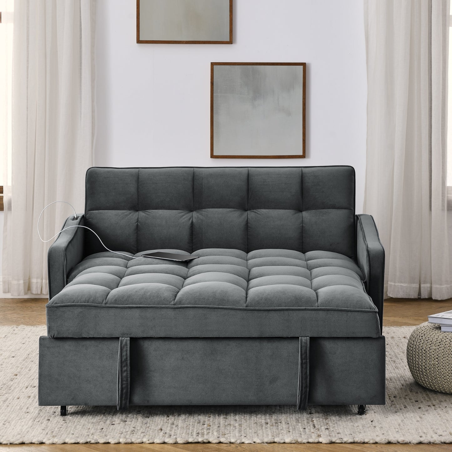 Loveseat Sofa Bed Pull-out, Adjustable Back, Arm Pockets, TypeC & USB Charging