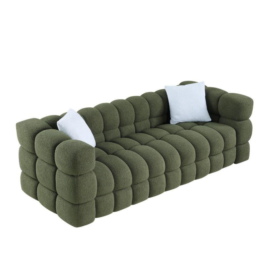 84,3 cm Länge, 35,83 Zoll Tiefe, menschliche Körperstruktur für US-Amerikaner, Marshmallow-Sofa, Bouclé-Sofa, 3-Sitzer, OLIVENGRÜN BOUCLE