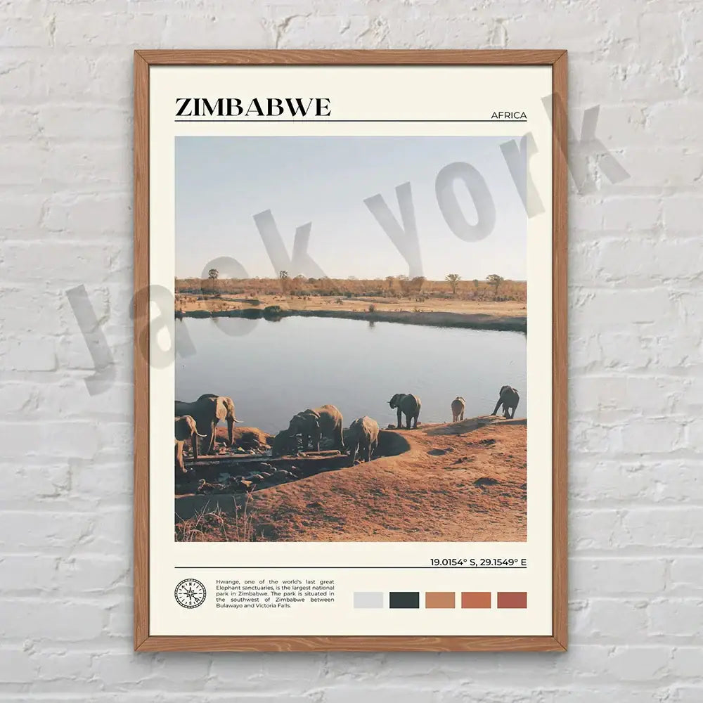 A decorbites canvas printing framed in light wood featuring a serene african landscape with elephants by a watering hole