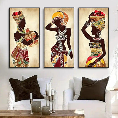 Set of three african black woman canvas paintings featuring vibrant patterns and earthy tones by DecorBites™