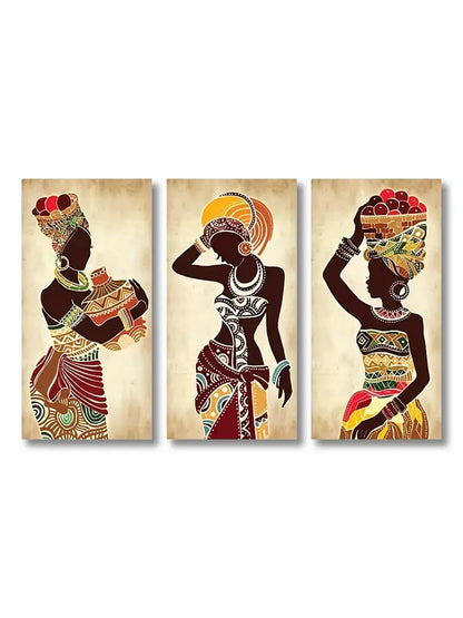 Set of three framed african woman canvas paintings featuring african black silhouettes in vibrant earthy tones