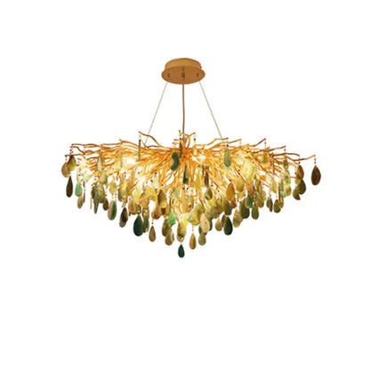 Golden leaf-shaped decorbites agate designer led chandelier with green and amber teardrop crystals for dining room light