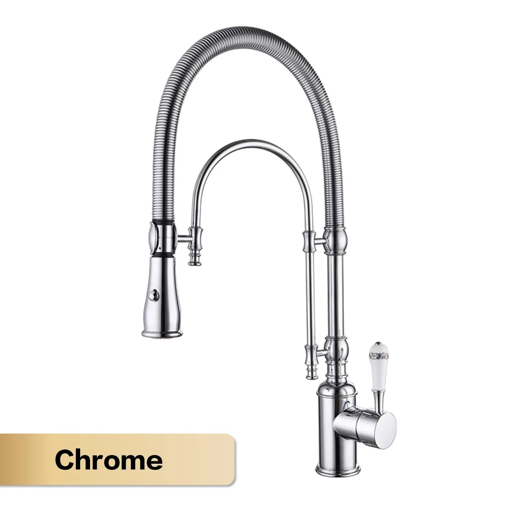 Aitana luxury golden brass kitchen faucet with single handle chrome finish and flexible ribbed gooseneck spout for single hole installation