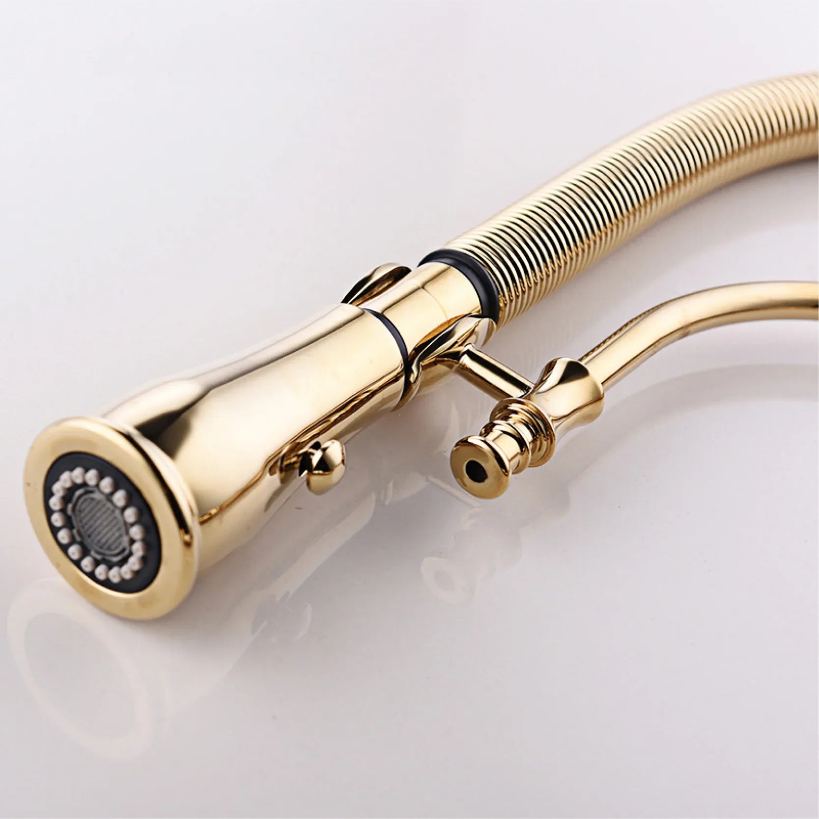 Aitana luxury gold brass kitchen faucet with single handle, single hole, flexible hose, pull-out spray, and decorative spheres