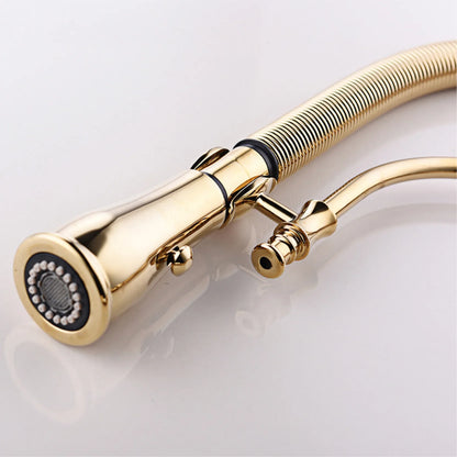 Aitana luxury gold brass kitchen faucet with single handle, single hole, flexible hose, pull-out spray, and decorative spheres