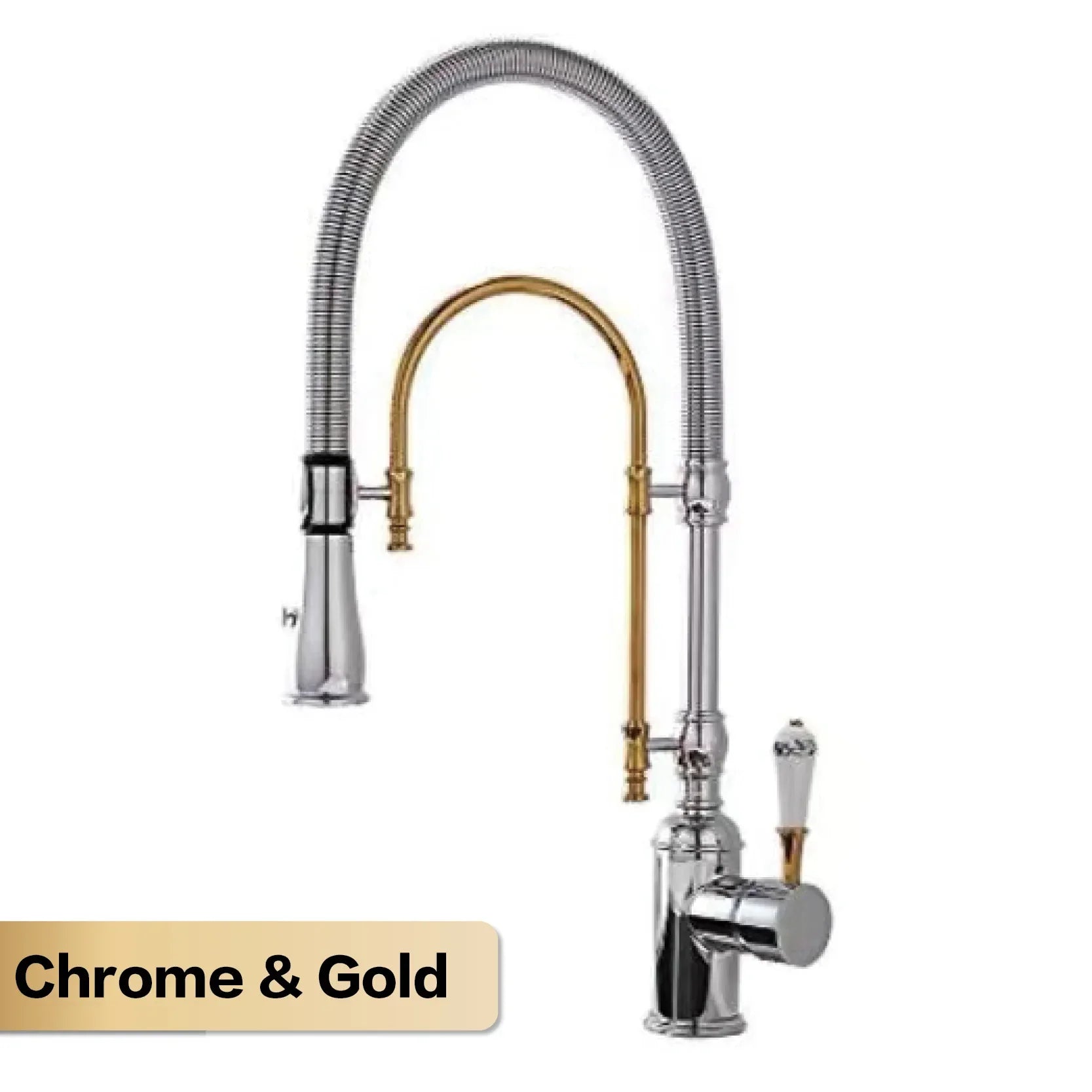 Aitana luxury golden brass kitchen faucet with a flexible ribbed gooseneck spout single handle single hole design