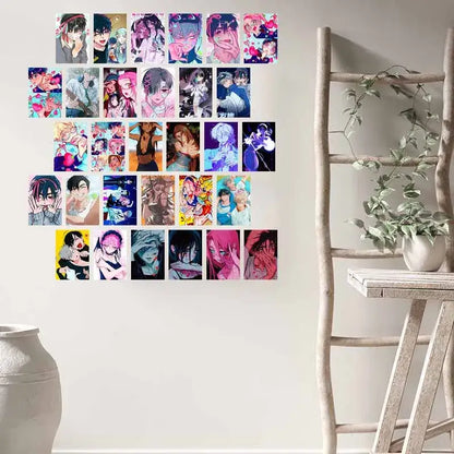 A colorful grid of anime photo cards arranged on a wall featuring decorbites™ alien anime photo cards collage set