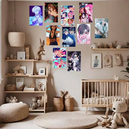 A collection of colorful anime photo cards featuring dynamic characters displayed on a beige wall in a decorbites set