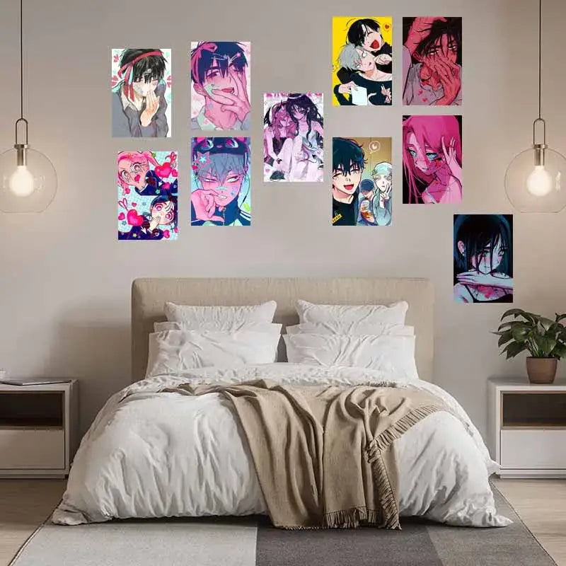 A collection of colorful anime photo cards featuring expressive characters displayed in a modern bedroom decor setting
