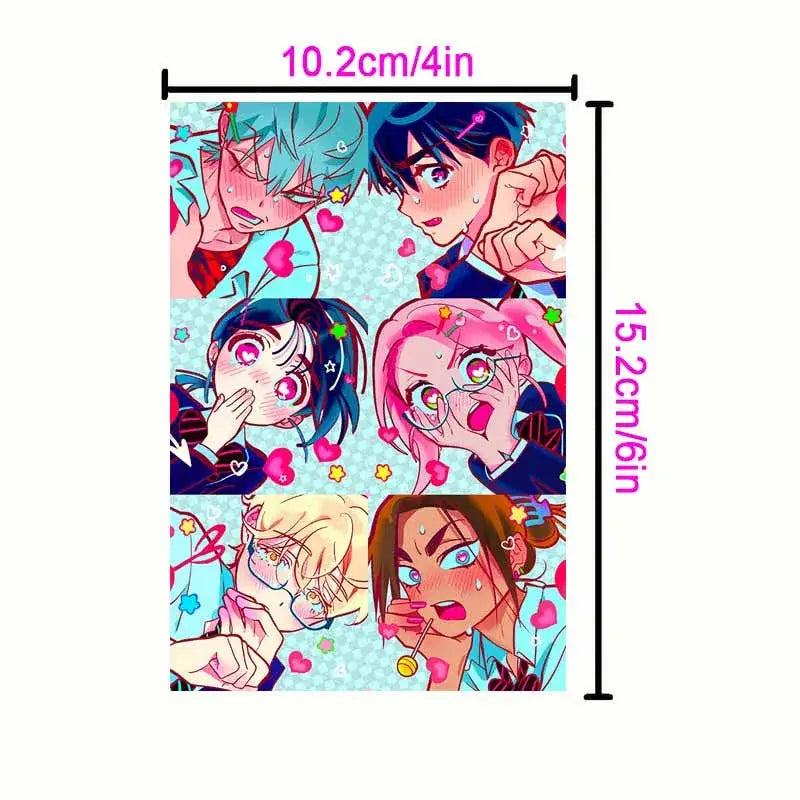 A rectangular anime photo cards fabric banner with six colorful characters on light blue background with pink hearts