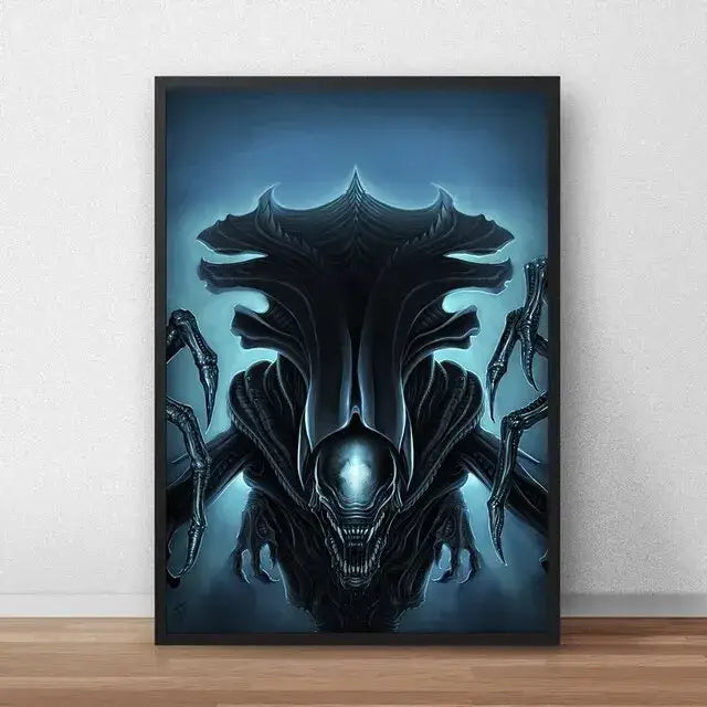 Black-framed DecorBites™ movie poster canvas featuring a menacing biomechanical alien with glowing blue eyes