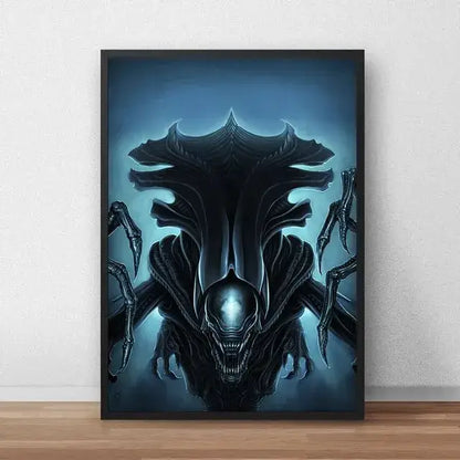 Black-framed DecorBites™ movie poster canvas featuring a menacing biomechanical alien with glowing blue eyes