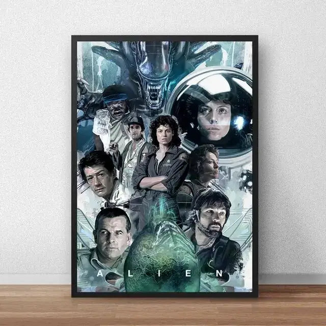 Black-framed DecorBites™ alien movie poster canvas painting featuring a teal gray and black character collage