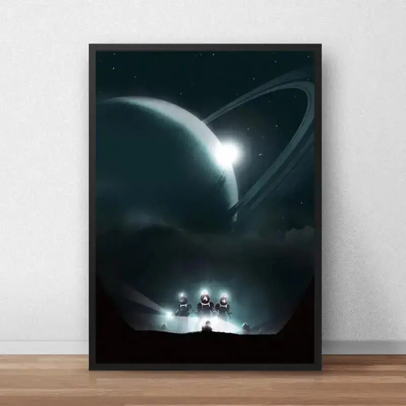 Black-framed DecorBites™ alien movie poster canvas painting featuring astronauts on a dark starry planet with glowing rings