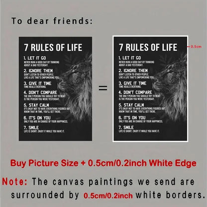 Black canvas painting of a lion face with 7 rules of life text in white decorbites™ alien movie poster canvas