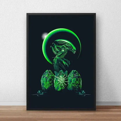 DecorBites™ green alien-themed movie poster canvas painting in a black frame for wall decor