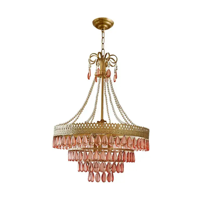 Amber crystal water drop chandelier with gold metal frame, pink teardrop crystals, and pearl strands for dining room decorbites crystal water drop pendant light