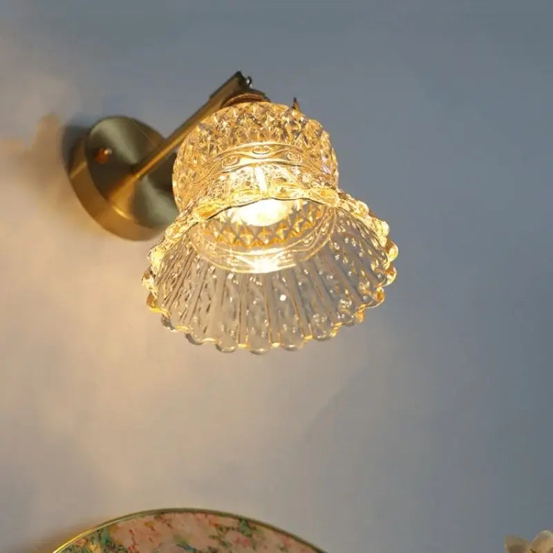 Amber flower crystal glass wall light fixture with brass finish and pull chain vintage-style light fixture for bedroom