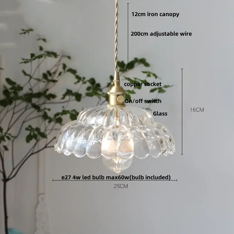 Amber flower glass pendant light with clear glass shade brass finish and adjustable braided wire suspension for dining room