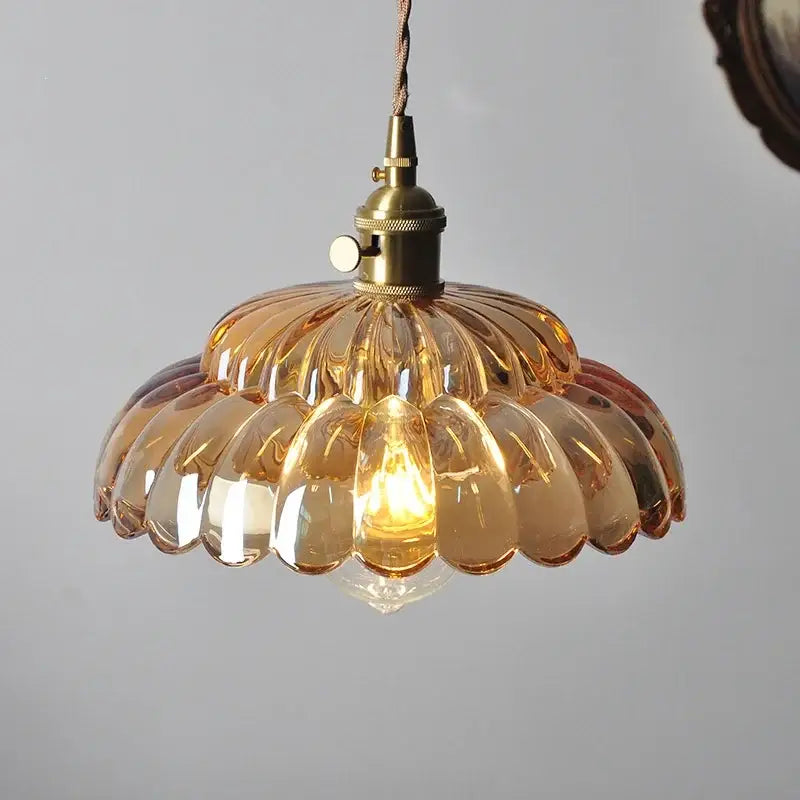 Amber flower glass pendant light with amber-colored hand-blown glass and brass finish for dining room pendant lights