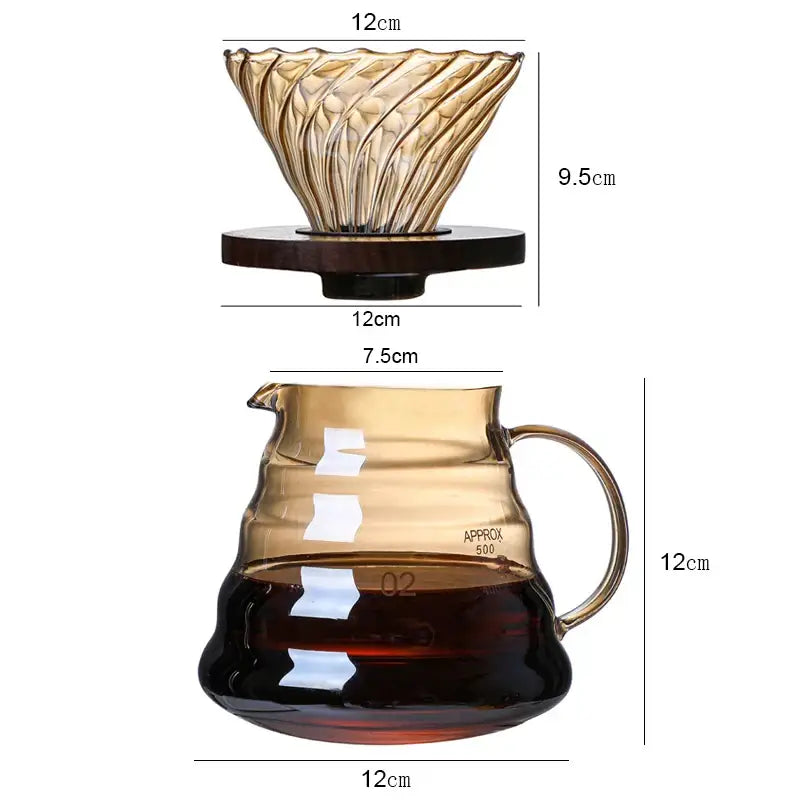 Amber-tinted glass percolator coffee pot with fluted reusable filter and dark wooden base atop matching glass carafe