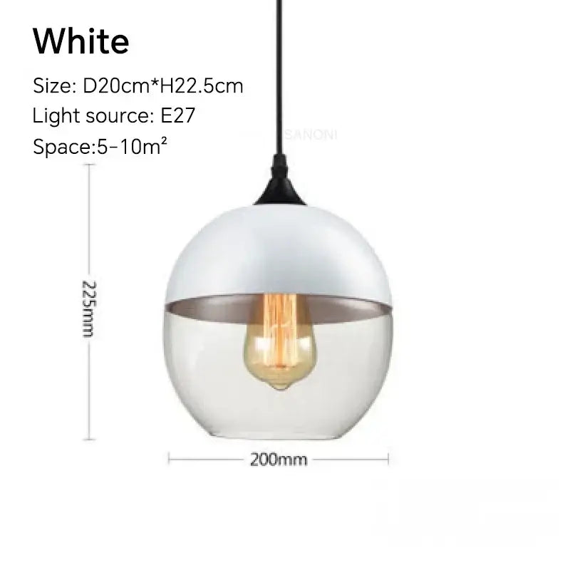 Amber glass and natural wood pendant light fixture with white frosted and clear glass featuring an Edison bulb