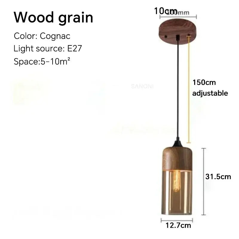 Cognac-colored wooden pendant light fixture with amber glass cylinder and adjustable 150cm chain for dining room