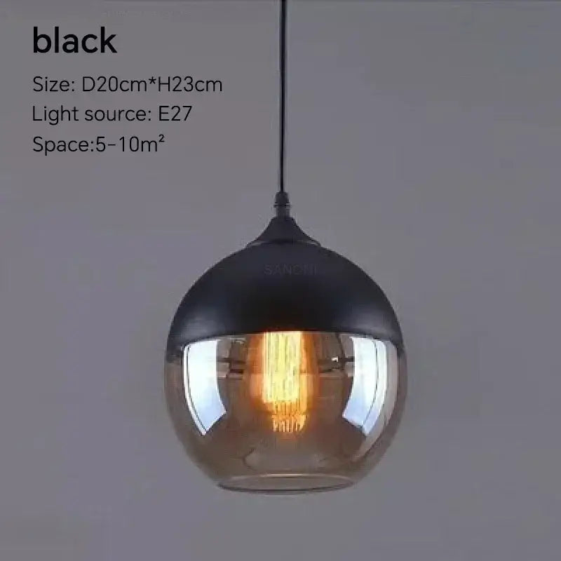 Black pendant light fixture with spherical glass globe, metallic top, and e27 bulb socket for dining room lighting