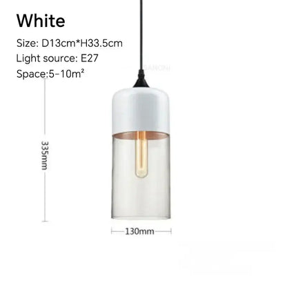 White cylindrical pendant light fixture with clear glass body and frosted top featuring exposed Edison bulb for dining room
