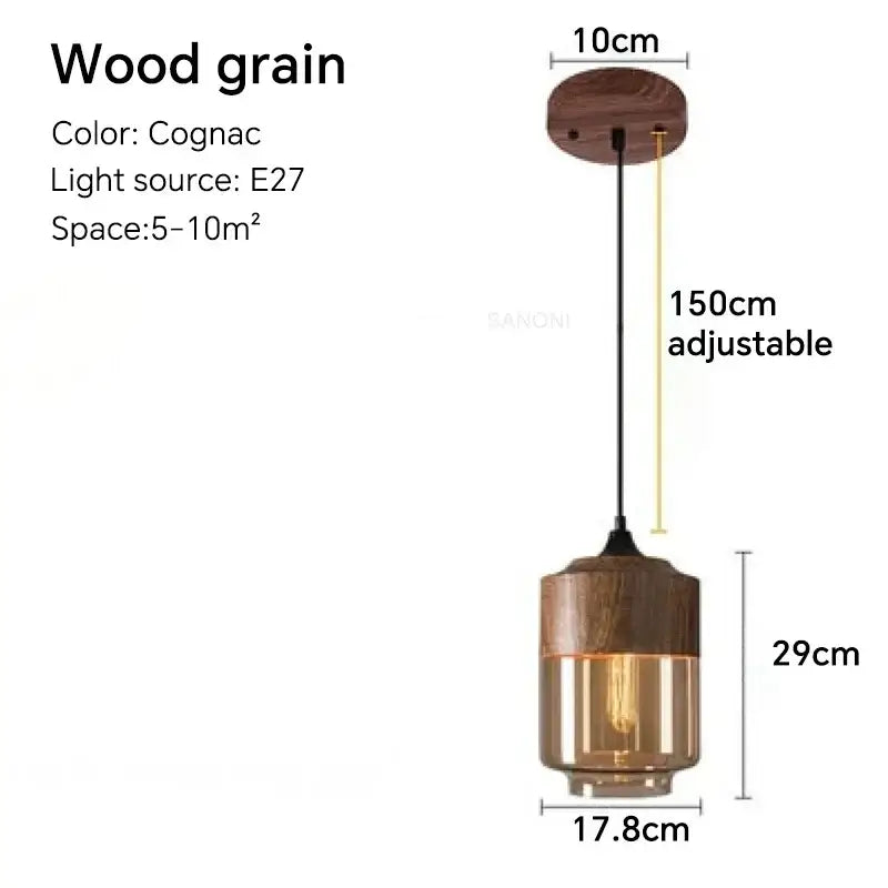 Cognac wood grain pendant light fixture with amber glass lower section and adjustable 150cm chain for dining room