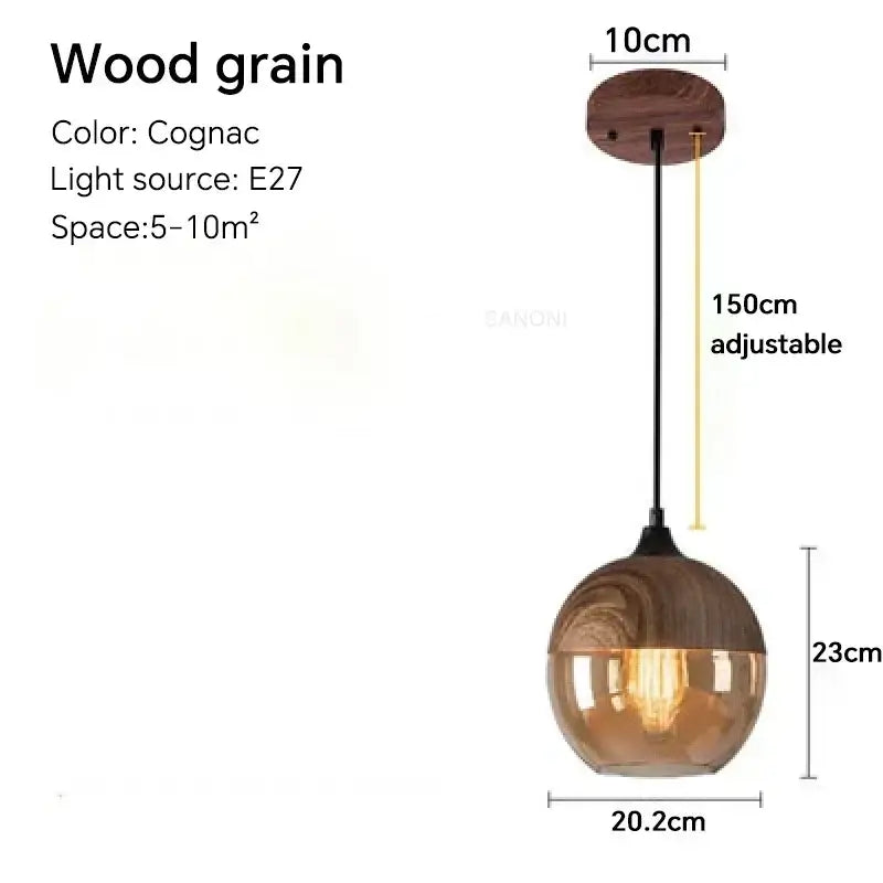 Amber glass and natural wood pendant light fixture with cognac wooden grain and adjustable 150cm chain for dining room