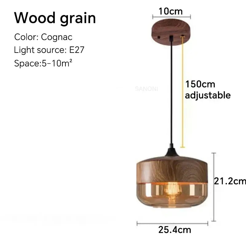 Cognac-colored wooden grain pendant light fixture with amber glass dome and adjustable 150cm chain for dining room