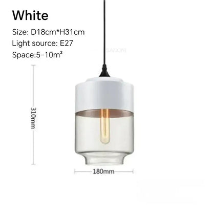 Amber glass and natural wood pendant light fixture with white cylindrical shade and copper accent for dining room