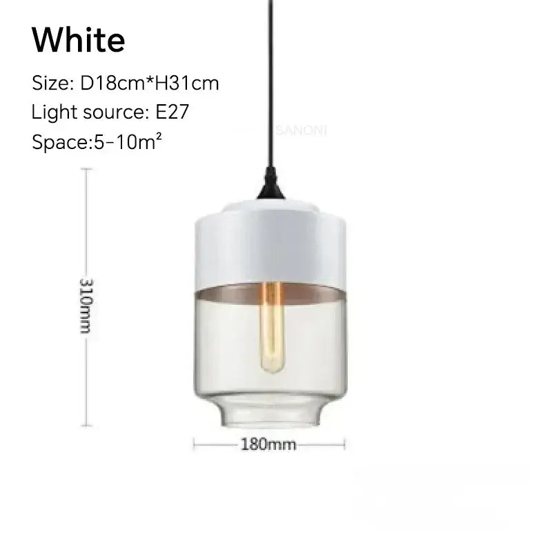 Amber glass and natural wood pendant light fixture with white cylindrical shade and copper accent for dining room