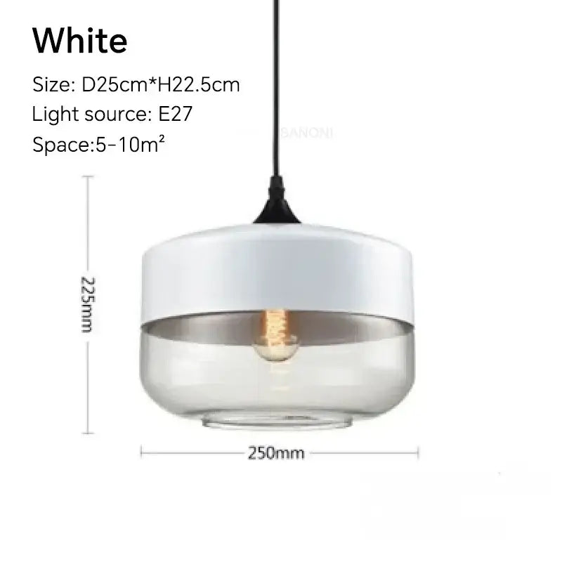 White pendant light fixture with clear glass base, frosted upper section, and exposed edison bulb for dining room