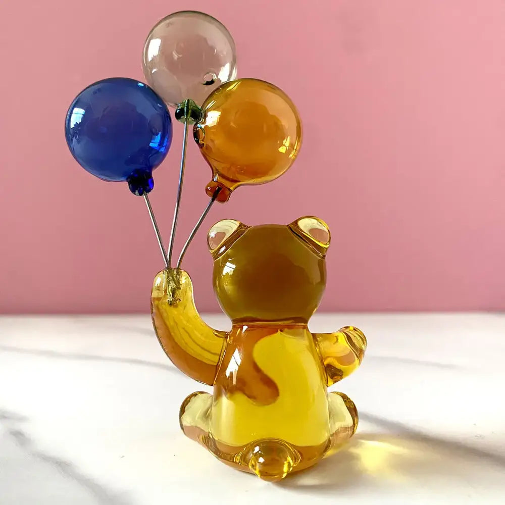 Amber glass bear glass figurine holding three colorful balloons balloons glass figurine for bedroom decor
