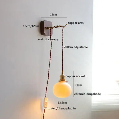 Amber glass ceramic ball led wall lights with warm ceramic lampshade and brass copper socket for bedroom decorbites ceramic ball