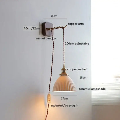Copper-arm wall lights with ribbed amber glass ceramic ball led shade and walnut canopy for bedroom decorbites ceramic ball
