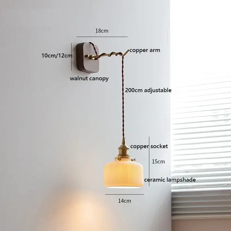 Amber glass ceramic ball led wall light with warm ceramic lampshade and pull chain on walnut canopy by decorbites ceramic ball